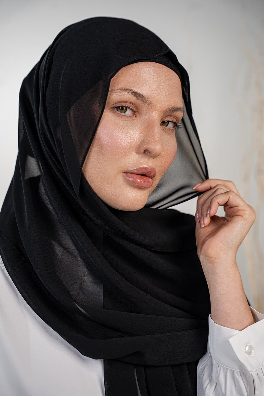 Black magnet hijab with cotton cap and chiffon scarf – Nawara