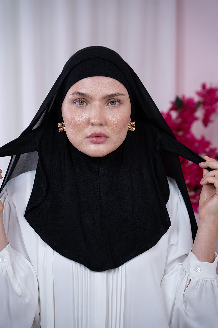 Black Magic Chiffon Hijab with built-in cotton cap | Nawara 