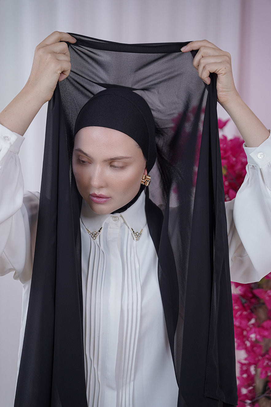 Black Magic Chiffon Hijab details | Nawara 