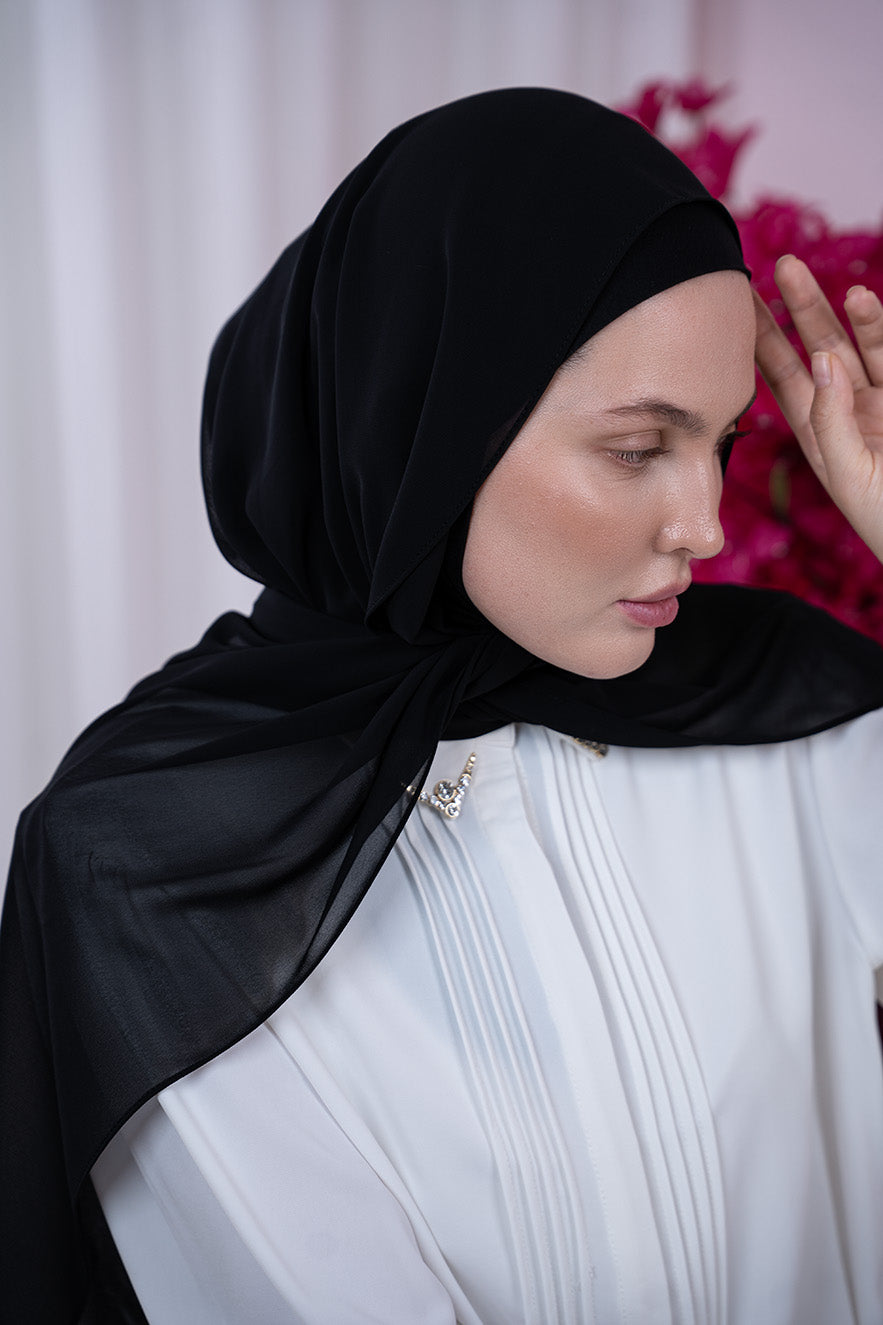 Black Magic Chiffon Hijab side View | Nawara 