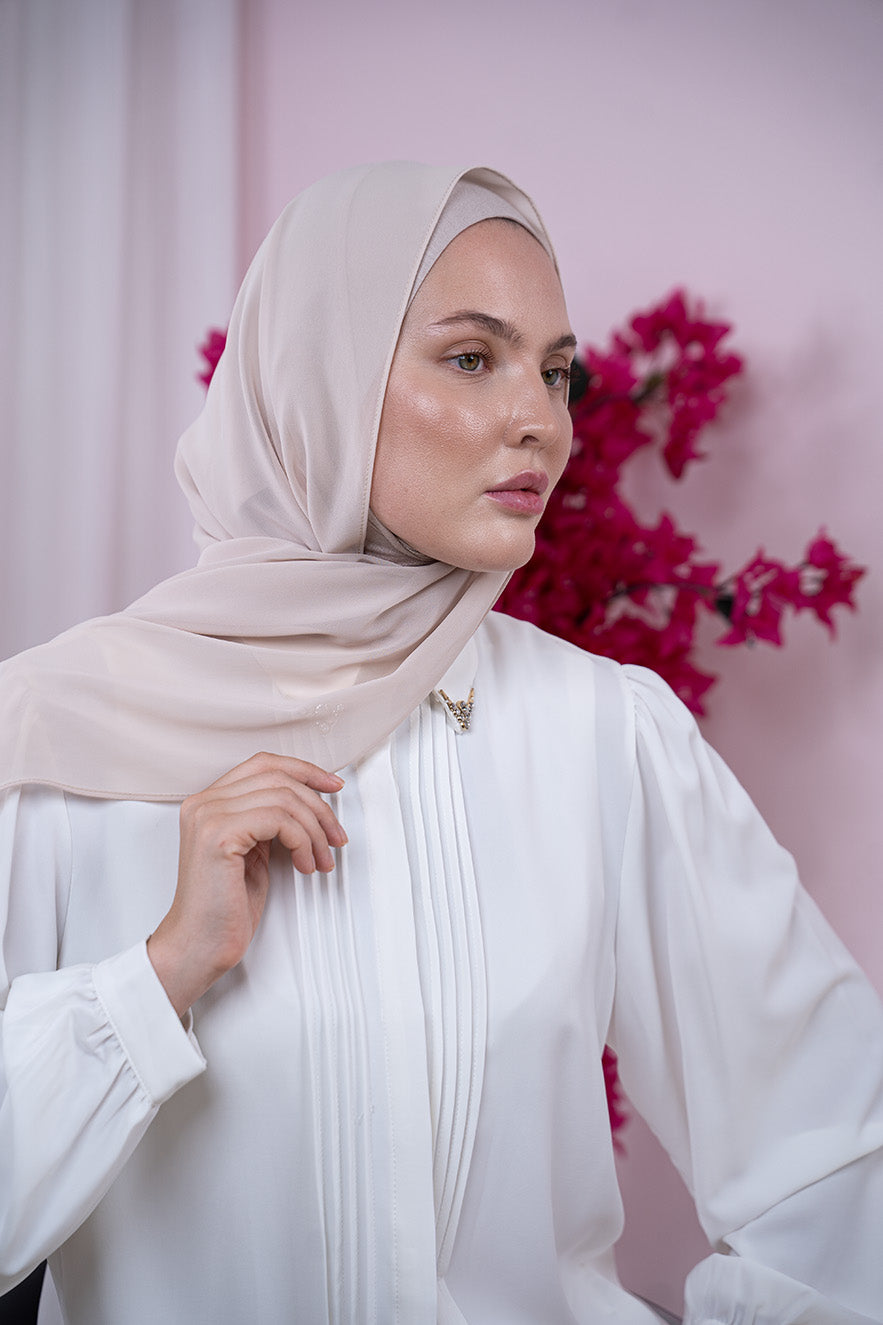 Beige Magic Chiffon Hijab Front View | Nawara 