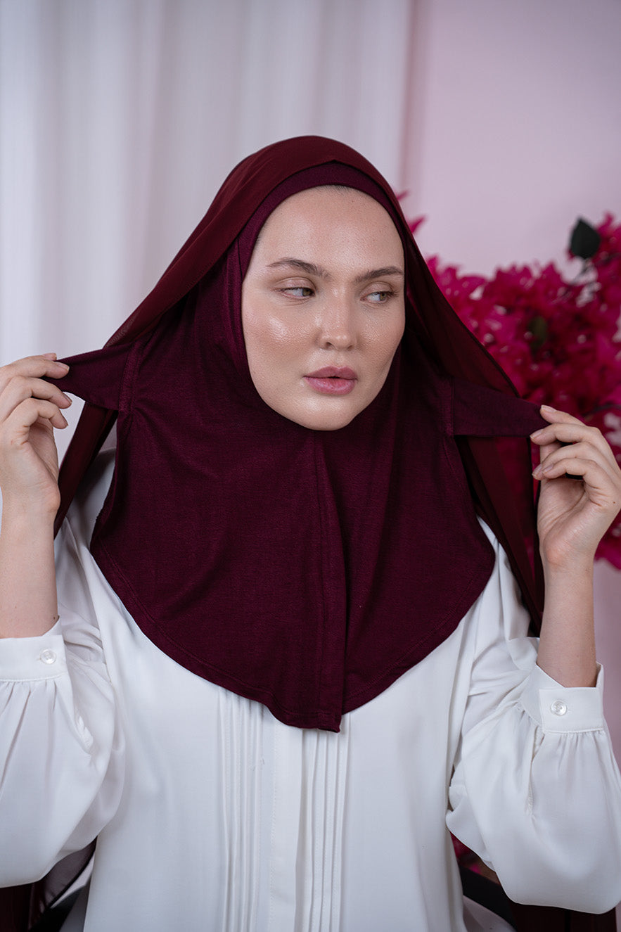 Burgundy Magic Chiffon Hijab with built-in cotton cap | Nawara 