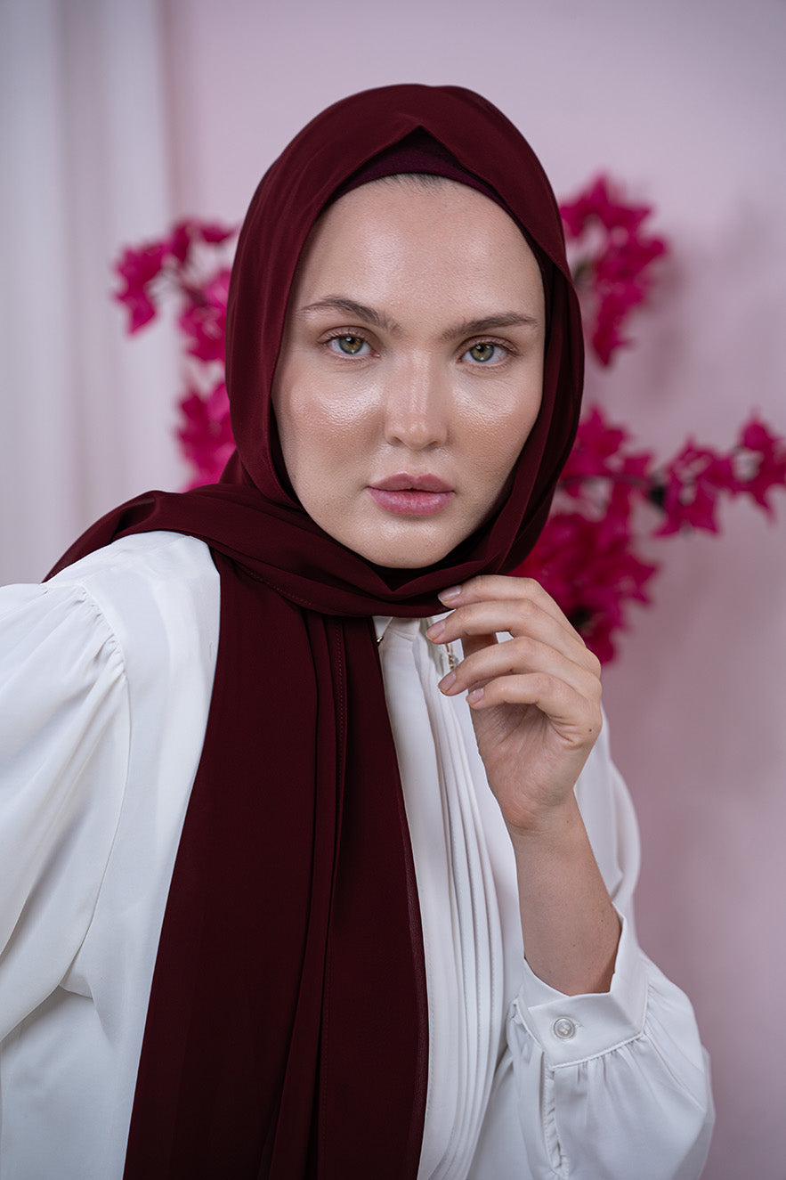 Burgundy Magic Chiffon Hijab Front View | Nawara 