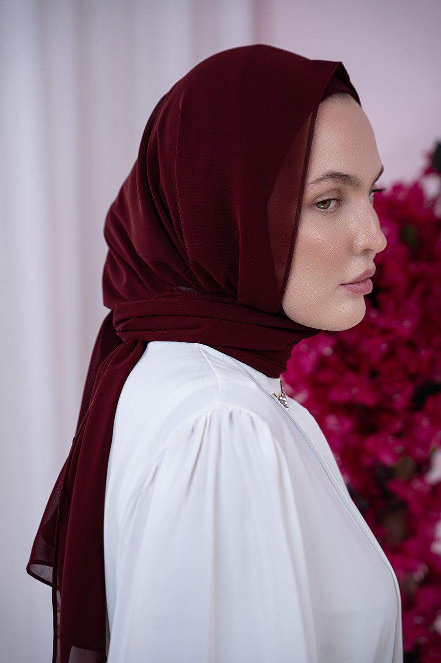 Burgundy Magic Chiffon Hijab side View | Nawara 