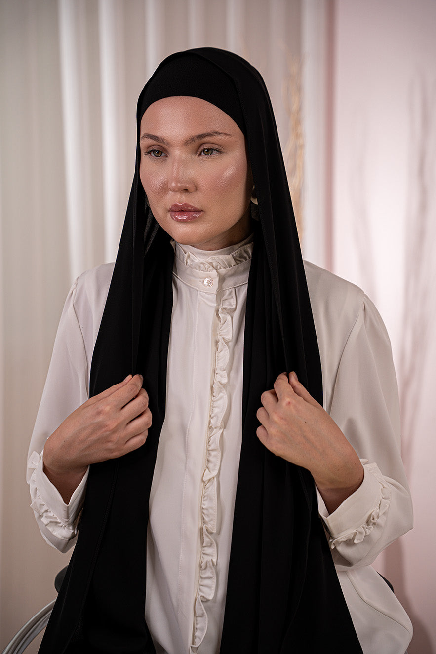 Black Chiffon Hijab with Matching Cotton Cap | Nawara UAE